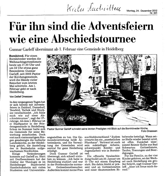 Die Kieler Nachrichten berichten über den Wechsel von Pfarrer Gunnar Garleff zur Friedensgemeinde